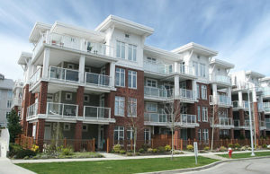 Newly constructed senior community building in suburban setting