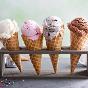 rack of different flavored ice cream cones